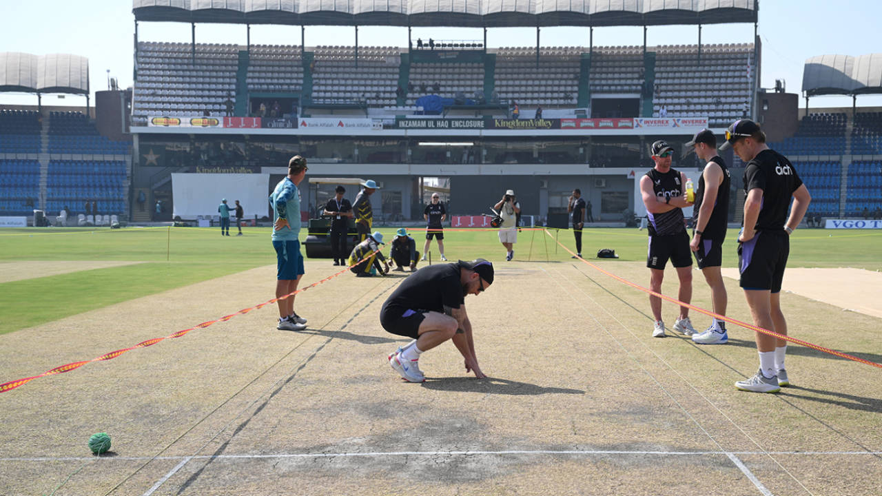 Brendon McCullum inspects the surface a day out from the start, Multan, October 14, 2024